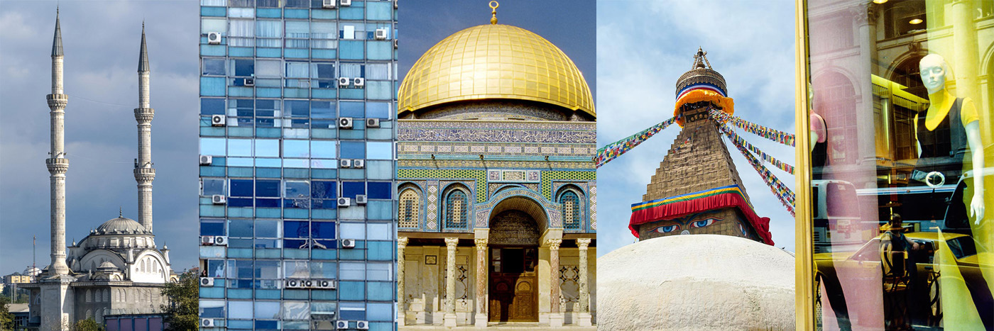  Architektur Banner - Moschee (Türkei), Fensterfront (Uruguay), Tempel (Israel), Stupa (Nepal), Schaufenster (New York)