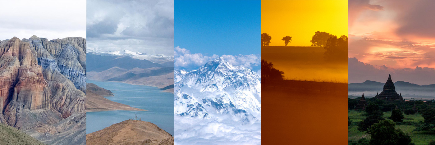 Landschaften - Berge Mustang, Bergsee Tibet, Gipfel Himalaya, Tempelebene Myanmar, Dschungel-Tempel Kambotscha